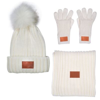 Leeman Three-Piece Rib Knit Fur Pom Winter Set LG905 Three-Piece Rib Knit Fur Pom Winter Set Thumbnail
